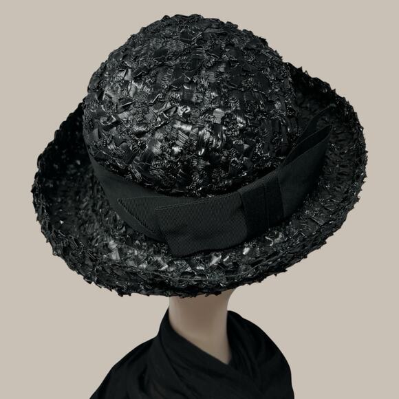 Vintage Black Wide Brim Cocktail Hat Audrey Hepburn Old Hollywood Union Made main image 7
